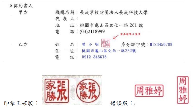 契約書填寫範例：乙方欄填姓名、身分證字號、住址與電話，姓名後方蓋私章。印章正確版是方形或圓形的篆刻私章；錯誤版是連續章，例如橫式或直式的長條姓名章。